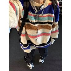 批发大码胖妹妹日系复古彩虹条纹毛衣<b class='q'>女</b>春秋冬慵懒风宽松针织<b class='q'>开衫</b>外套
