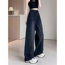 批发2025新款秋冬加绒加厚<b class='q'>松紧腰</b>牛仔阔腿裤女大码胖妹妹遮大腿休闲裤