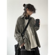 批发日系<b class='q'>街头</b>格子撞色宽松长袖衬衫男女美式复古宽松情侣休闲外套潮牌