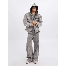 批发ins美式复古水洗做旧解构小众连帽牛仔夹克上衣青少年外套ins潮流