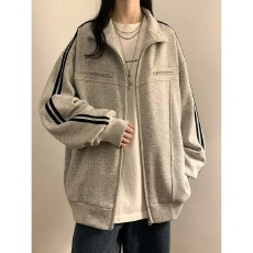 批发美式复古条纹<b class='q'>卫衣</b>外套女秋冬潮牌街头两道杠宽松百搭立领运动<b class='q'>开衫</b>