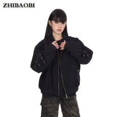 批发美式复古<b class='q'>夹克</b>外套女男春秋新款翻领设计感机车服<b class='q'>休闲</b>宽松情侣上衣