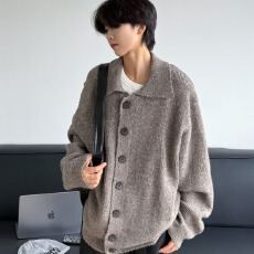 批发日系复古翻领针织衫毛衣<b class='q'>男</b>女春秋宽松慵懒风BF简约情侣开衫<b class='q'>外套</b>潮