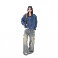 批发美式复古撞色翻领短款牛仔外套女秋季设计感宽松夹克