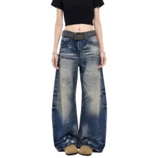 批发美式复古泼墨设计弯刀牛仔裤女<b class='q'>冬</b>季新款垂感显瘦宽松百搭拖地长裤