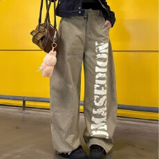 批发美式复古字母卡其色印花弯刀牛仔裤女<b class='q'>冬</b>季高街宽松显瘦拖地阔腿裤