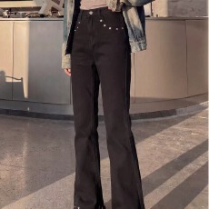 美式铆钉微喇牛仔裤男款cleanfit水洗黑色裤子直筒修身柳叶弯刀裤