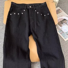 批发美式铆钉微喇牛仔裤男款cleanfit水洗黑色裤子直筒<b class='q'>修身</b>柳叶弯刀裤