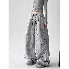 批发星星印花美式复古休闲长裤女秋<b class='q'>冬</b>加绒宽松高腰显瘦直筒运动裤