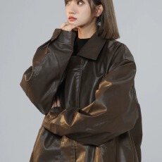 批发美拉德棕色机车PU皮衣女老钱风复古外套女秋<b class='q'>冬</b>重磅宽松夹克上衣黑
