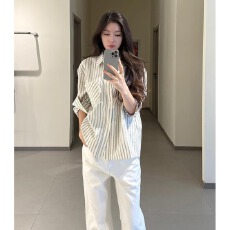 批发韩范宽松条纹衬衫女长袖春2026新款复古港风衬衣休闲百搭叠穿上衣