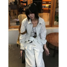 批发春夏cleanfit条纹泡泡纱衬衣高智感休闲正肩长袖衬衫复古条纹上衣