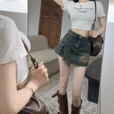 批发美式复古高腰牛仔<b class='q'>短</b>裤女春夏新款大码胖妹妹a字半身<b class='q'>裤裙</b>阔腿热裤