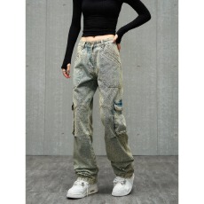 批发美式复古高街多口袋工装<b class='q'>牛仔裤</b>男女潮牌宽松大口袋拼接直筒<b class='q'>休闲</b>裤