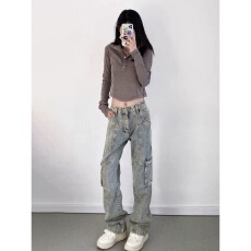 批发潮牌hiphop高街工装<b class='q'>牛仔裤</b>男女美式复古<b class='q'>休闲</b>水洗宽松痞帅直筒裤子