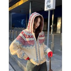 批发港味风格费尔岛连帽拉链毛衣外套女开衫秋冬新款提花保暖针织上衣
