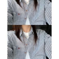 100棉 慵懒风复古蓝色格子刺绣衬衫女2026春夏百搭薄款外套