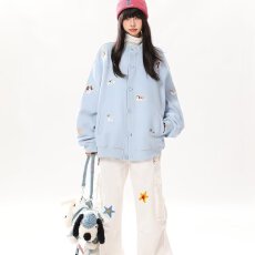 批发<b class='q'>大码</b><b class='q'>女装</b>韩系小狗刺绣卫衣女外套秋季新款宽松设计感开衫棒球服潮