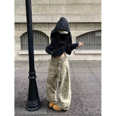 批发美式复古字母印花弯刀工装裤男女秋季<b class='q'>新款</b>设计感宽松阔腿牛仔裤子