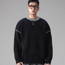 批发秋冬季老钱风撞色手工明线圆领套头重磅氛围感<b class='q'>男</b>女情侣<b class='q'>毛衣</b>针织衫