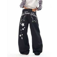 批发美式复古星星水洗弯刀<b class='q'>牛仔裤</b><b class='q'>男</b>女春秋新款宽松休闲阔腿显瘦长裤