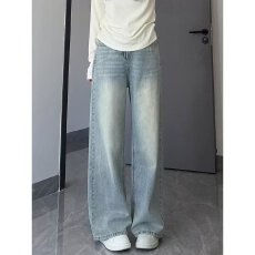 批发浅色阔腿<b class='q'>牛仔裤</b>女高腰春秋新款大码胖mm宽松显瘦梨形身材直筒裤子