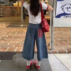 批发设计感口袋拼接格子牛仔<b class='q'>裤</b>男女2026夏季新款高腰直筒七分牛仔中<b class='q'>裤</b>