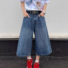 批发设计感口袋拼接格子牛仔<b class='q'>裤</b>男女2026夏季新款高腰直筒七分牛仔中<b class='q'>裤</b>