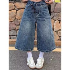 批发设计感口袋拼接格子牛仔<b class='q'>裤</b>女夏季新款高腰直筒七分牛仔中<b class='q'>裤</b>