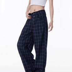 批发美式复古格子休闲<b class='q'>裤</b>女2025新款宽松阔腿<b class='q'>裤</b><b class='q'>直筒</b>工装<b class='q'>裤</b>子