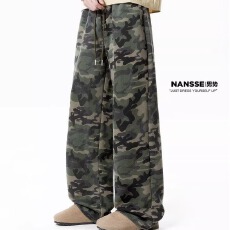 批发美式复古迷彩休闲运动裤<b class='q'>男</b>女款街头春秋季宽松百搭阔腿直筒卫裤