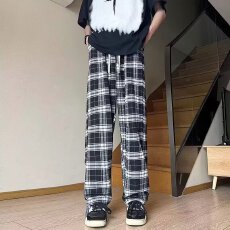 批发美式复古抽绳黑白格子<b class='q'>裤</b>子女春<b class='q'>夏季</b>薄款直筒运动宽松阔腿休闲长<b class='q'>裤</b>