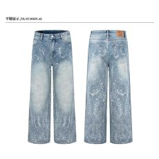 批发美式水洗蓝色铆钉微喇牛仔裤男高街设计感小众宽松直筒裤子女秋<b class='q'>冬</b>