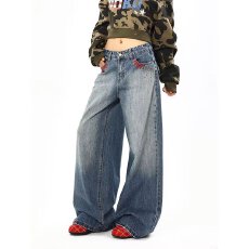 批发美式复古高腰弯刀牛仔<b class='q'>裤</b>女<b class='q'>夏季</b>高街设计感宽松显瘦垂感阔腿拖地<b class='q'>裤</b>