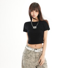批发美式甜辣黑色正肩短袖t恤<b class='q'>女</b>夏季韩系风格修身显瘦别致漂亮上衣<b class='q'>女</b>