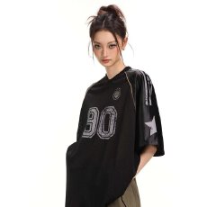 批发美式复古短袖T恤<b class='q'>女</b>夏季橄榄球球衣街头字母印花情侣宽松运动上衣