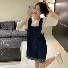 批发大码<b class='q'>牛仔</b>背带裤女夏季2026新款宽松显瘦阔腿直筒连体短裤深蓝裤子