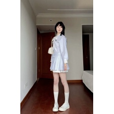 批发韩系学院风条纹<b class='q'>衬衫</b><b class='q'>连衣裙</b>子女夏季2025新款miu系收腰小个子短裙