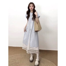 批发法式甜美条纹短袖<b class='q'>衬衫</b><b class='q'>连衣裙</b>女夏季海边度假风气质宽松显瘦A字裙