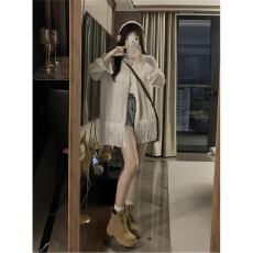 批发薄款冰丝<b class='q'>防晒</b>衫女夏季2025新款设计感流苏宽松中长款别致长袖衬衫