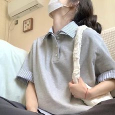 批发ins设计感假两件短袖<b class='q'>polo</b><b class='q'>衫</b>拼接百搭学生痞帅翻领通勤<b class='q'>男</b>女夏季T恤