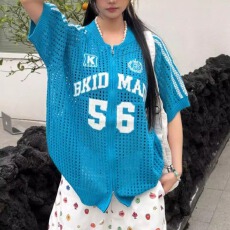 美式国潮大码胖mm复古球衣风字母印花针织短袖T恤设计感镂空上衣