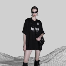 批发新款小众V领运动风短袖T恤<b class='q'>男</b>女宽松潮流INS球衣休闲打底衫T恤百搭