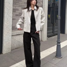 批发灰白色小香风粗花呢正肩<b class='q'>夹克</b><b class='q'>男</b>女春季中性穿搭高级感短款翻领外套