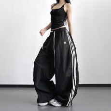 批发春季新款<b class='q'>街头</b>休闲风阔腿裤女宽松侧边条纹松紧腰长裤