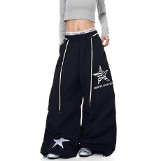 批发美式<b class='q'>街头</b>星星腰绳休闲伞兵裤设计感宽松直筒阔腿裤