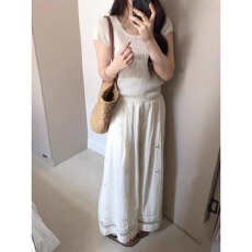 批发刺绣钩花镂空休闲<b class='q'>裤</b>子女夏季高级感蕾丝拼接直筒<b class='q'>裤</b>宽松<b class='q'>棉麻</b>阔腿<b class='q'>裤</b>