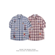 批发刺绣格子卡通美式OOTD短袖衬衫男女夏季宽松百搭情侣衬衣<b class='q'>外套</b>