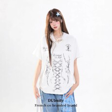 批发法国时尚潮流辣妹上衣缎面网纱拼接宽松V领短袖T恤<b class='q'>女休闲</b>半袖套头