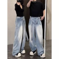 批发有配带子牛仔裤潮人邦<b class='q'>男</b>女2026夏季设计感阔腿裤痞帅宽松弯刀裤